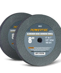 Top Shelf 8 Inch Bench Grinder Wheel 2 Pack 100 Grit Aluminum Oxide Hella Tough Sharpening Disc for Knives Drills Chisels 1 Inch Thick With 5 8 Inch Arbor and Tools, showing two grinding wheels.