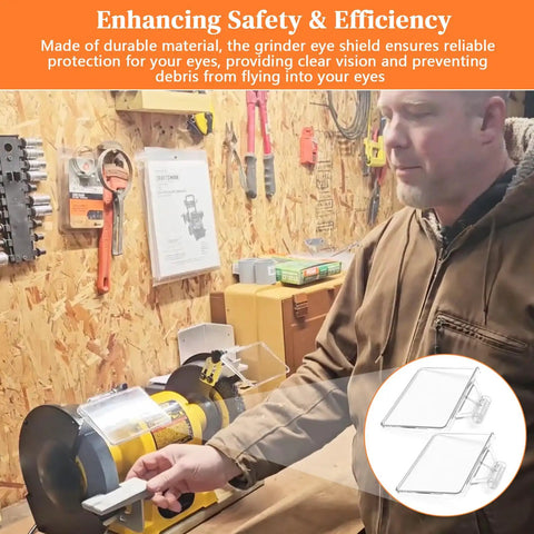 Heavy Duty Bench Grinder Eyeshield Replacement Guard With Shatterproof Acrylic Shield providing clear eye protection in workshop setting.