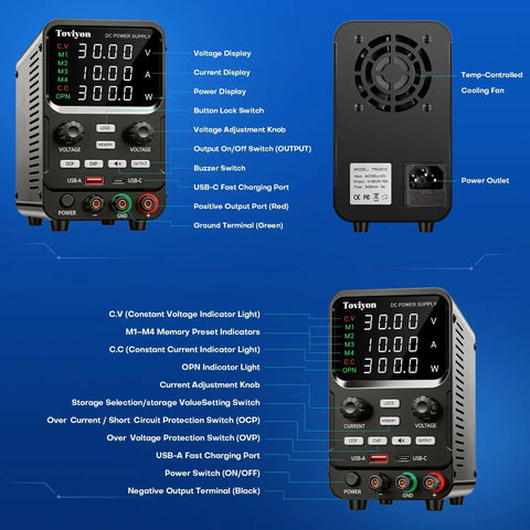 Front and back view of 30V 10A Bench Power Supply With Encoder Knob Four Memory Presets OCP OVP Protection USB Type A And Type C.