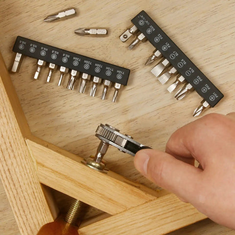 Compact 22 Piece Mini Ratchet Set With 1/4 Inch Drive Right Angle Screwdriver And 36 Tooth Ratcheting Wrench Bits in use