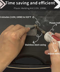 Hands using 110V Plastic Welder Kit With 100 Plastic Rods, 3 Tips, 3 Wire Mesh for repairs, showing power indicator and adjust switch.