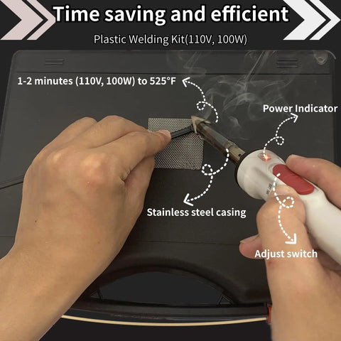 Hands using 110V Plastic Welder Kit With 100 Plastic Rods, 3 Tips, 3 Wire Mesh for repairs, showing power indicator and adjust switch.