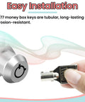 GR777 Tubular Key Set For Commercial Washers And Coin Op Machines, hand holding key near metallic coin slot lock