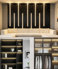 Modern interior with 12V LED Cabinet Lighting Kit 10pcs Self-Adhesive Cuttable 6.56Ft 4000K illuminating shelves and wall.