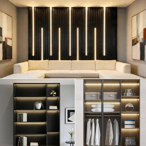 Modern interior with 12V LED Cabinet Lighting Kit 10pcs Self-Adhesive Cuttable 6.56Ft 4000K illuminating shelves and wall.