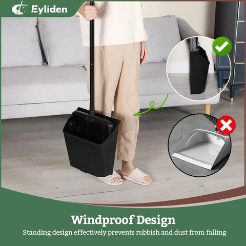 Person using Large Upright Commercial Dustpan With Comb Teeth For Hair And Debris Cleanup; windproof design demonstration.