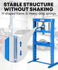 Badass 12 Ton Hydraulic H Frame Shop Press With Sweet Adjustable Table and Solid Stamping Plates showing stable H-shaped frame and springs.
