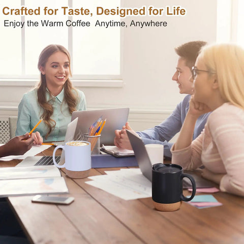 Electric Coffee Mug Warmer With 15 Oz Ceramic Cup And Removable Cork Base, Smart Desk Heater for warm coffee at a meeting.