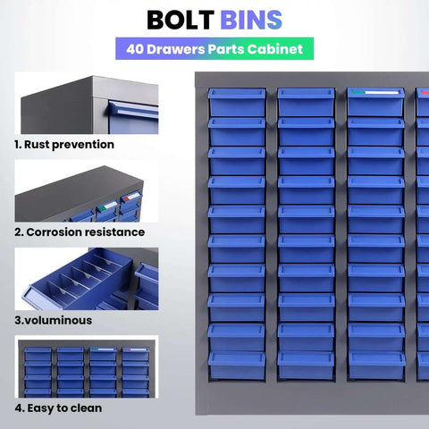 Industrial Nut And Bolt Organizer Parts Cabinet With 200 Dividers And 80 Label Slots ABS Drawers Multi Use Bolt Bins Hardware Organizer System For Workshop Warehouse And Office Pro Grade Heavy Duty Storage Solution with 40 blue removable drawers.