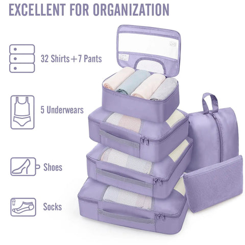 Stacked purple 8 Piece Packing Cubes Set For Travel Essentials In Four Sizes, Luggage Organizer Bags With Laundry And Shoes Bag