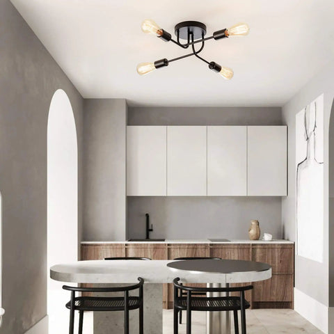 Industrial Semi Flush Mount Four Light Ceiling Fixture With Adjustable Black Metal Branches in modern kitchen