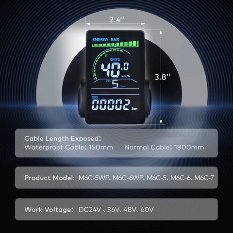 Ebike Display M6C UART No 2 Protocol LCD Cycling Computer showcasing speed and energy bar, 24V to 60V, 5-pin connector.