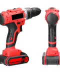 Heavy Hitter 21V Cordless Drill Set Featuring 3in1 Impact Drill And Rechargeable Battery With High Torque Selector, red handle and battery.