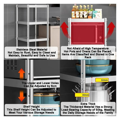 Heavy Duty Stainless Steel Shelving Rack Slick Slim Multi Tier Storage Organizer For Kitchen Garage Or Home Office with adjustable shelves.