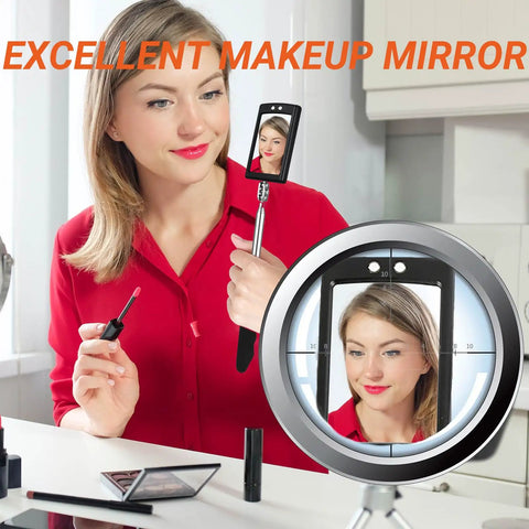 Woman using telescoping inspection mirror with LED light to apply makeup in front of a vanity mirror.