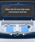 Stay Chill All Day Long With This Portable Evaporative Air Cooler Boasting Three Custom Wind Settings and Easy Glide Wheels. Open lid for water.
