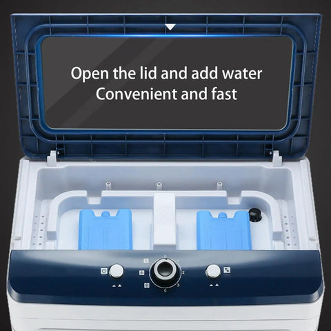 Stay Chill All Day Long With This Portable Evaporative Air Cooler Boasting Three Custom Wind Settings and Easy Glide Wheels. Open lid for water.