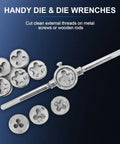 110 Pcs Beefed-Up Metric Tap and Die Set M2-M18 Rethreading Kit for Cutting External and Internal Threads with Storage Case Includes 70 Taps, 35 Dies, 2 Tap Wrenches, 2 Die Wrenches, and a T-Type Tap Wrench showing round dies and a die wrench on a blue background