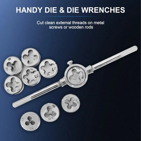110 Pcs Beefed-Up Metric Tap and Die Set M2-M18 Rethreading Kit for Cutting External and Internal Threads with Storage Case Includes 70 Taps, 35 Dies, 2 Tap Wrenches, 2 Die Wrenches, and a T-Type Tap Wrench showing round dies and a die wrench on a blue background