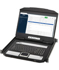 Slick Short Depth One U Rackmount Kvm Console With An 18 Point Five Inch Hd Lcd Screen And Hdmi Plus Usb Ports Zero Hassle Control Multiple Servers On Windows Mac Or Linux Platforms, showing open console with LCD and keyboard.