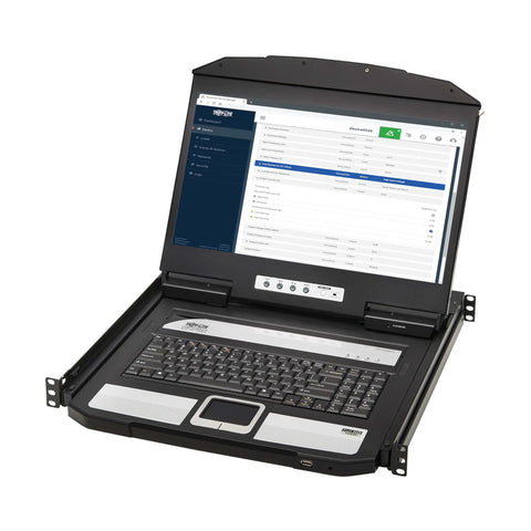 Slick Short Depth One U Rackmount Kvm Console With An 18 Point Five Inch Hd Lcd Screen And Hdmi Plus Usb Ports Zero Hassle Control Multiple Servers On Windows Mac Or Linux Platforms, showing open console with LCD and keyboard.