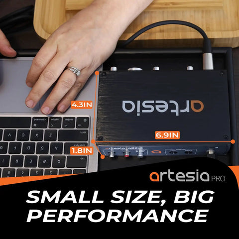 A22XT USB Audio Interface With 24Bit 96kHz Recording And 48V Phantom Power XLR Input next to a laptop, dimensions shown.