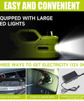 Front view of a yellow 12V electric car jack kit with LCD touch screen and LED light