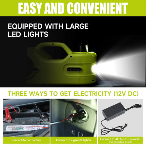 Front view of a yellow 12V electric car jack kit with LCD touch screen and LED light