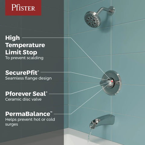 Bathroom displaying Jaida Tub And Shower Trim Kit With Restore Technology, polished chrome finish, showing showerhead and tub spout.