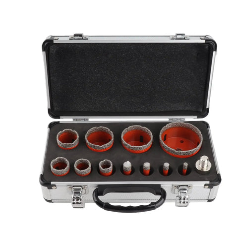 Top Notch 11 Piece Hole Saw Kit For Ceramic Tile And Marble Drilling With M14 Shanks For Precise Granite Holes That Make Your DIY Projects Look Totally Sick And Super Efficient. open case with 11 diamond hole saws, 6mm-68mm