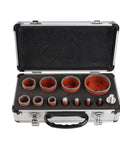 Dedicated 11 Piece Heavy Duty Hole Saw Kit For Ceramic Tile And Marble Granite Cutting M14 Hex Shank Adapter Multi Size Set Made Tough To Get That Clean Cut Like A Boss, case open with diamond hole saw bits