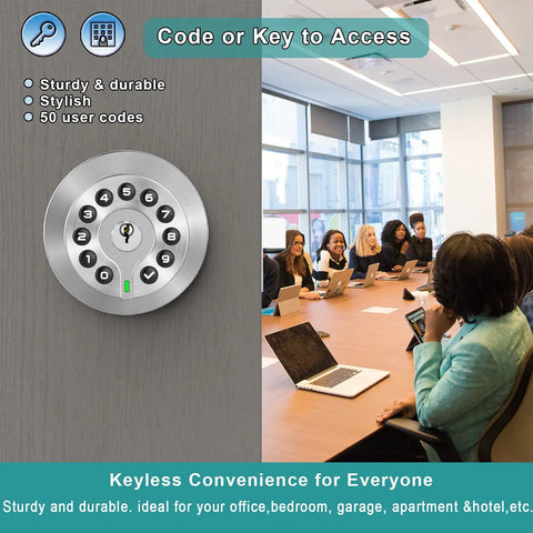 Keypad Door Knob With Key And Keyless Entry Lock Auto Lock 50 User Codes in office meeting room setting