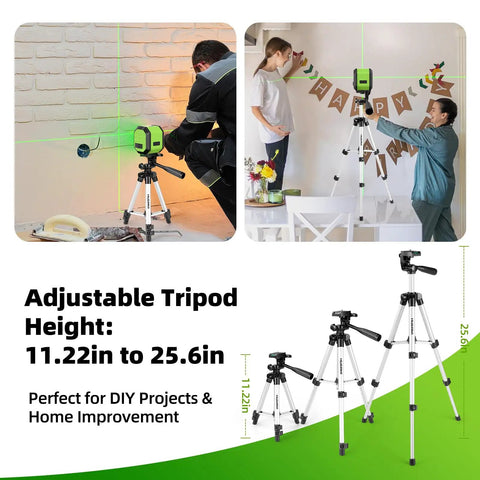 Laser Level With 25.6 Inch Tripod and Rechargeable Battery, Self Leveling 100 Ft Green Cross Line Tool for Picture Hanging, Tile, and Home Renovation, Perfect Fathers Day Gift for Dad and DIY Pro, on adjustable aluminum tripod