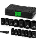 Heavy Duty Workhorse Half Inch Drive Shallow 12-Point Metric Impact Socket Set, 15-Piece, Cr-V Chrome Vanadium, 11mm To 32mm