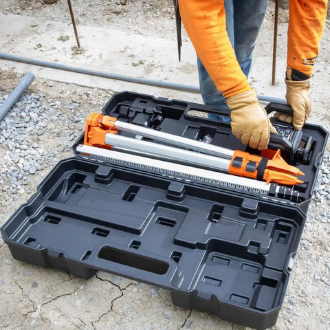 Green Self Leveling Rotary Laser Level Kit With Plumb Spot For Pro Grade Precision In Horizontal And Vertical Alignment, 1150 Foot Range With Detector, rechargeable kit in hard case with tripod legs and grade rod on site