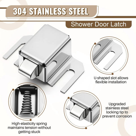 304 stainless steel shower door latch showing high-elasticity spring for quick swap installation. Sweet Upgrade Two Pack Silver Shower Door Latch Replacement Designed For Quick Swap Installation On Hinged Glass Doors With Knockout Hold Strength And Easy Adjust Slide Rail Fits Standard Metal Frames Like Stainless Steel Today.