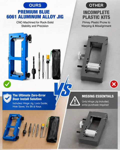 Premium Blue 6061 Aluminum Alloy Jig with included tools for All In One Door Prep System With Adjustable Hinge Jig And Lock Installation Kit For DIY Folks.