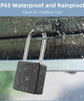 Fingerprint Padlock With Bluetooth Lock App, Quick Finger Unlock, Long Shackle Smart Padlock For Outdoor Use, Waterproof Locker Lock For School Gym, Fence, Gate, Toolbox, No Key Hassle hanging on gate in rain