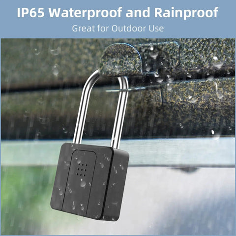 Fingerprint Padlock With Bluetooth Lock App, Quick Finger Unlock, Long Shackle Smart Padlock For Outdoor Use, Waterproof Locker Lock For School Gym, Fence, Gate, Toolbox, No Key Hassle hanging on gate in rain
