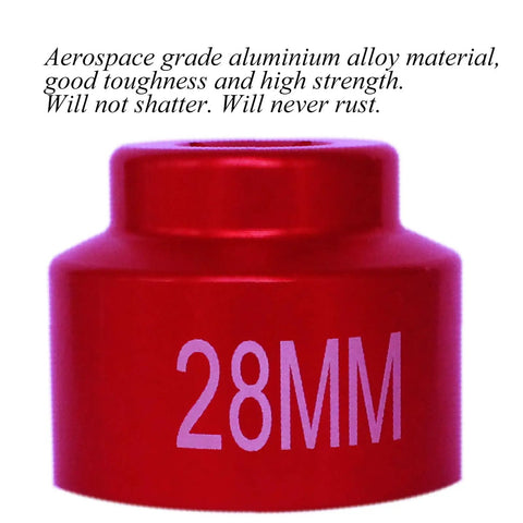 Close-up of a Heavy Duty 28mm Fuel Filter Socket With 3/8 Drive in red aerospace-grade aluminum, showing 28MM size.
