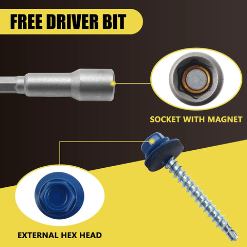 Blue Hex Head Self Drilling Roofing Screws 1-1/2 In For Wood And Metal Roofs With EPDM Washer Colored Head 250 Pack Magnetic Driver Bit Included