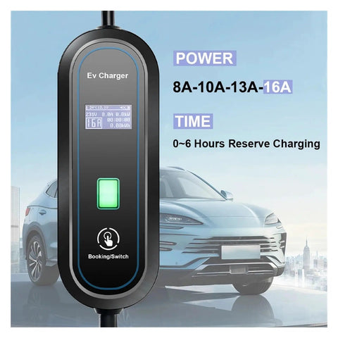 Heavy Duty Portable Level 2 EV Charger With 240 Volt Plug And Play Hookup No Sweat Setup Hella Durable IP67 Weatherproof 3.5 KW Electric Vehicle Charging Cable For Weekend Getaways display with digital screen.