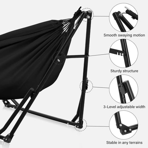 Close-up view of 2 In 1 Hammock With Stand For Outdoors Portable Heavy Duty Steel Frame Supports Up To 480 Lbs Easy Setup In Minutes Black