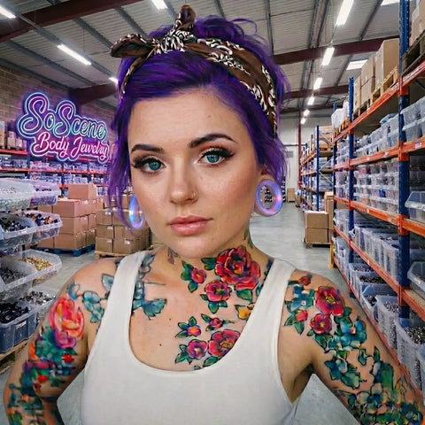 Woman with tattoos wearing lavender opalite hollow glass ear plugs, shopping in a body jewelry store.