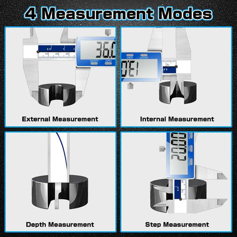 Ultra Accurate 0-6 Inch Digital Caliper With Extra Large LCD Screen IP54 Waterproof Stainless Steel Vernier Caliper showing 4 measurement modes