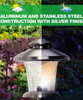 Close-up of Low Voltage Outdoor Path Light Set for Walkways and Gardens with silver finish, in day and night view.