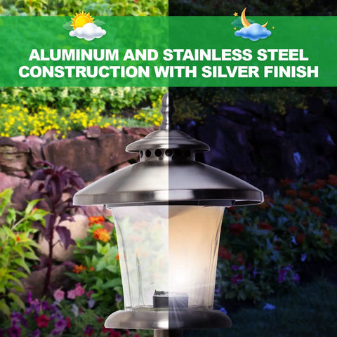 Close-up of Low Voltage Outdoor Path Light Set for Walkways and Gardens with silver finish, in day and night view.