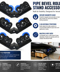 Diagram showcasing the V Head Bevel Roller Accessory for Pipe Stands Magnetic Rotating Tool with features and USA flag.