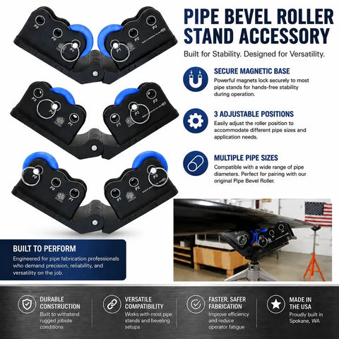 Diagram showcasing the V Head Bevel Roller Accessory for Pipe Stands Magnetic Rotating Tool with features and USA flag.
