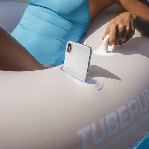 Close-up of Motorized Pool Tube Float For Adults Pro 3.0 with phone holder, joystick, and handle, blue finish